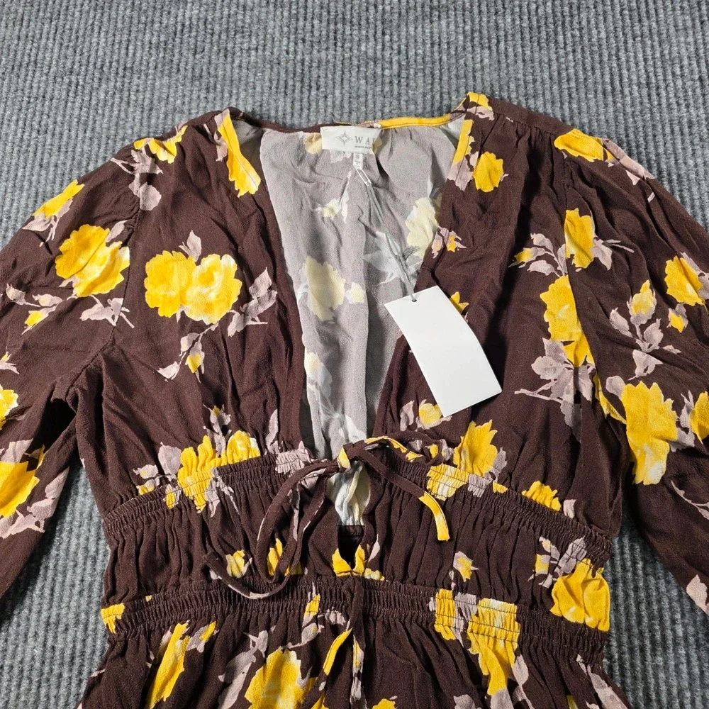 WAYF Brown Yellow Floral Long Sleeve Smocked Mini Dress‎ Tie Front Small NWT